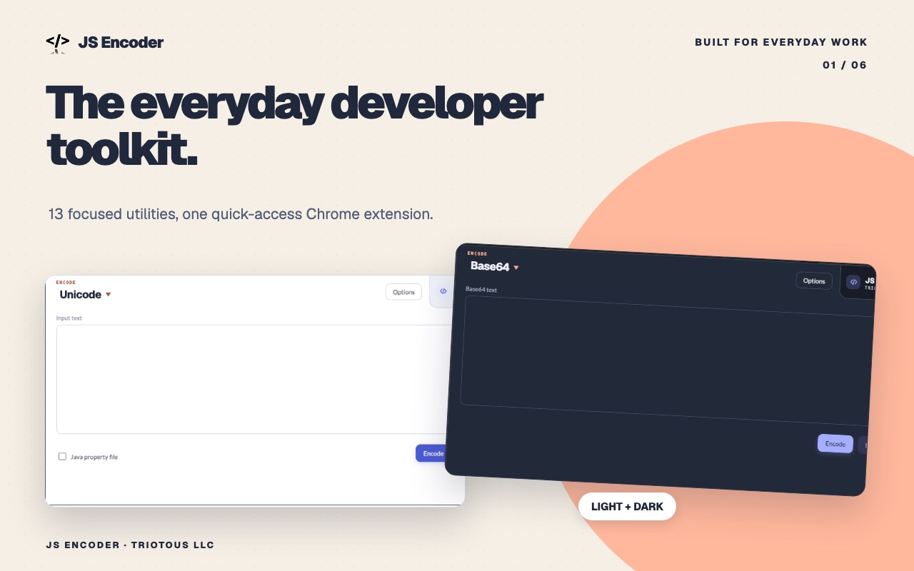 JS Encoder light and dark popup interfaces shown side by side