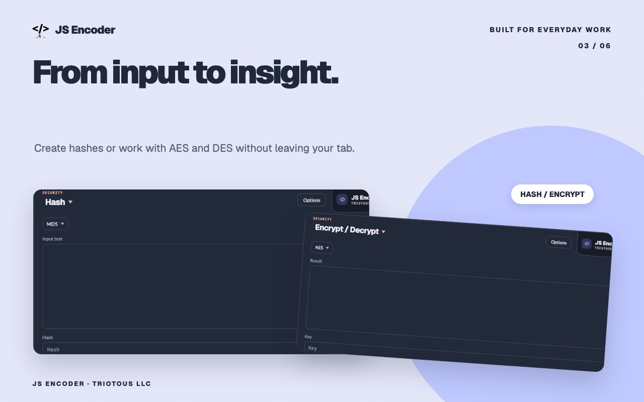 Hash and encryption tools in the dark JS Encoder theme